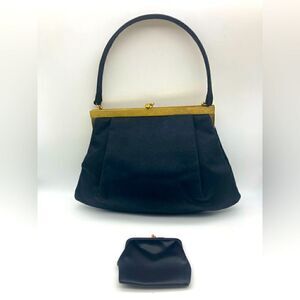 Vintage M Malama Black Wool Pleated Handbag with Coin Purse Like New